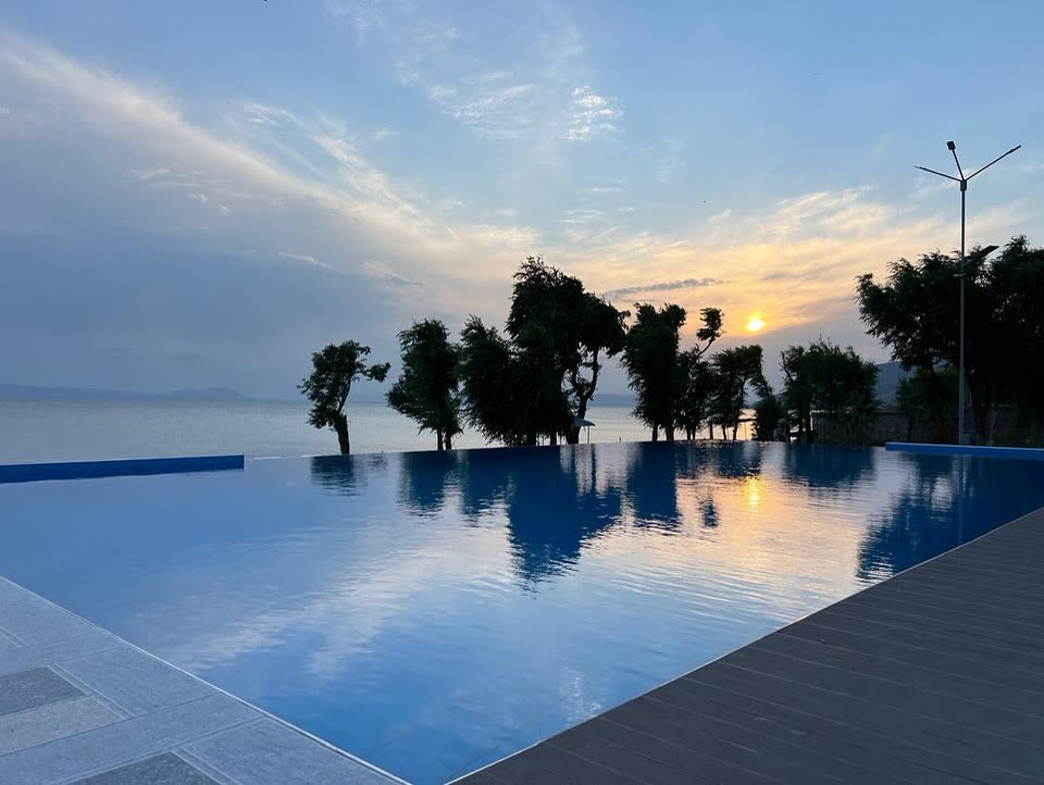 Infinity pool at sunset over Lake Sevan